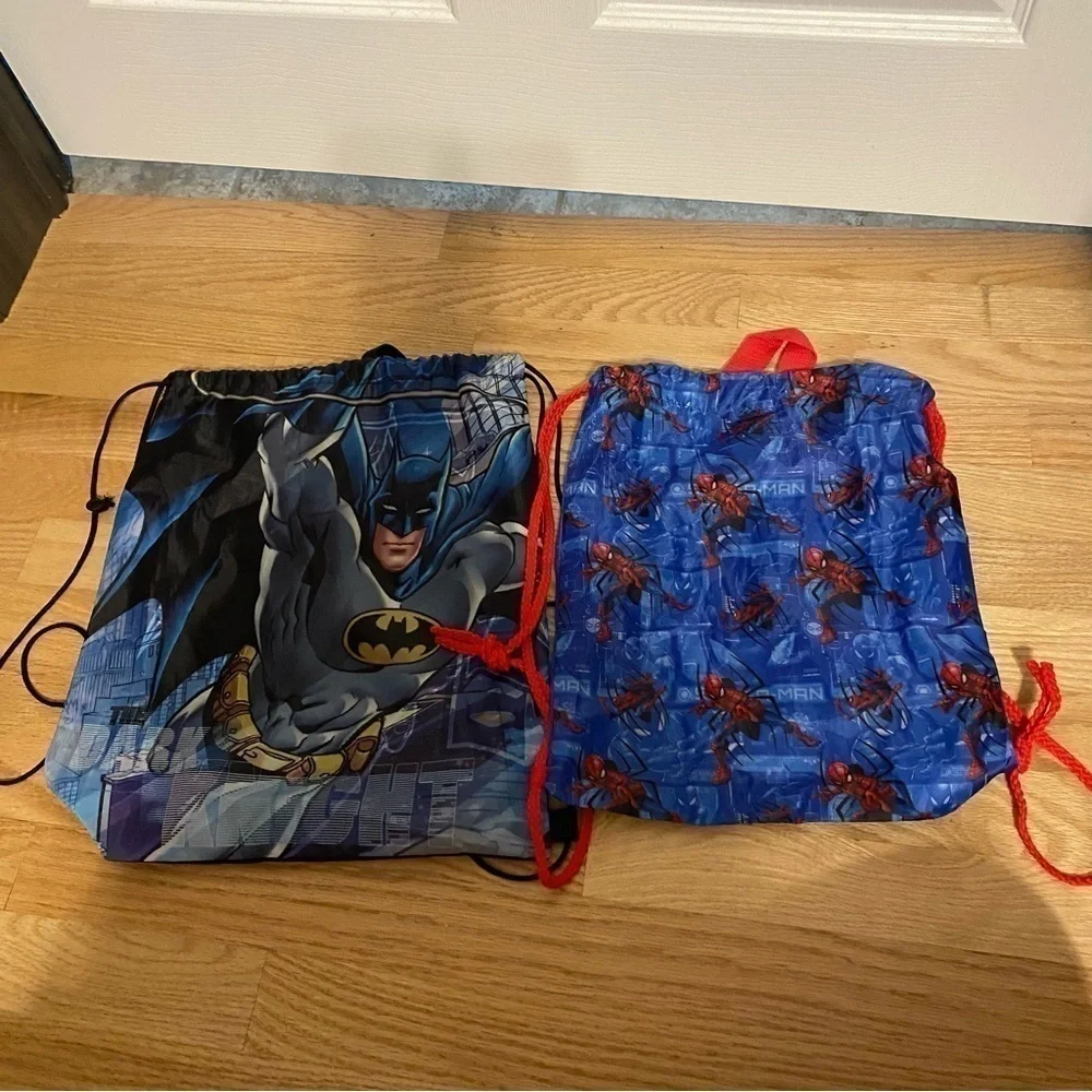 Batman Spider-Man Cinch Bag Back Pack Book Bag Kids Blue Black Bundle Lot